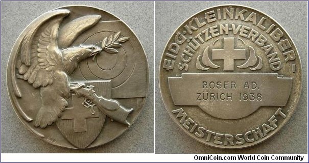 Eidg Kleinkaliber Schutzen Verband Meisterschaft Medal by Hugurnin. Silver 50MM
 