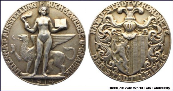 1914 Germany Sachsen-Leipzig Stadt Vergoldete Medal. Silver 61 MM/82.23 gm
