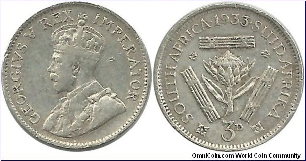 SouthAfrica 3 Pence 1933- Type 2 reverse
