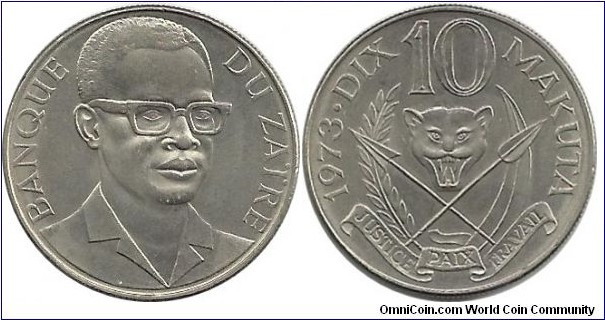 Congo-Zaire 10 Makuta 1973