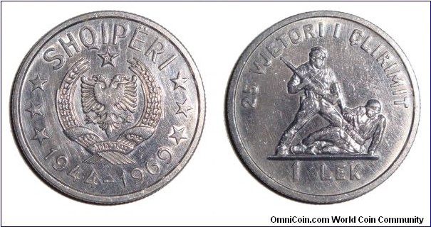 1 Lek from ALBANIA (PEOPLES REPUBLIC). Dated 1969. *25th Anniversary of the Defeat of Fascism*
