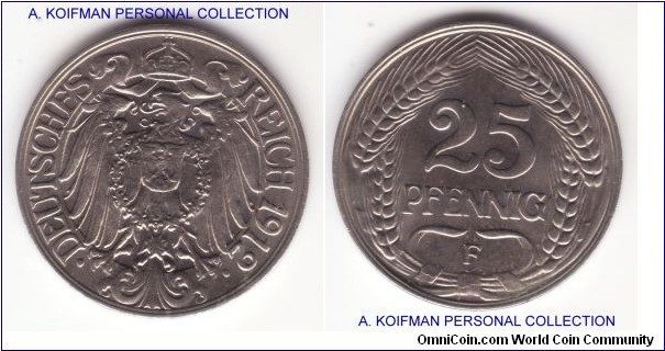 KM-18, 1912 Germany (Empire) 25 pfennig, F mint mark; nickel, plain edge; somewhat weaker strick, good extra fine to about uncirculated; it is realy hard to grade this type of coins.