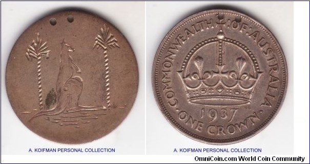 KM-34, 1937 Australia crown, melbourne mint; silver, reeded edge; cut off and re-engraved with Australia theme, interesting piece of monetary art.