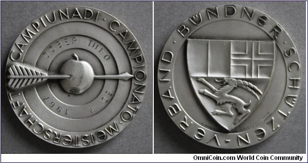Swiss o.j. 1967 Graubunden Bundner Schutzen Verband Medal by A. Nigg/Huguenin. Silver 50MM/48.2 gm
