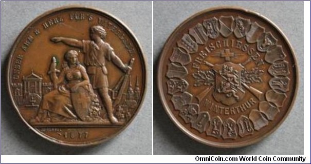 Swiss 
Zurich Winterthur Freischiessen  Medal by Eduard Durussel. Bronze 46MM 
