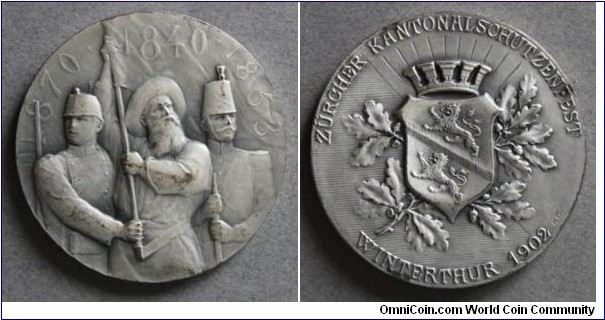 Swiss Winterthur Zurcher Kantonal Schutzenfest Medal by Huguenin. Silver 45MM.