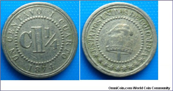 Colombia 1-1/4 Centavos 1874- Struck in England ( Heaton ) KM 173-Copper Nickel-SCARCE  CAT 263-SOLD