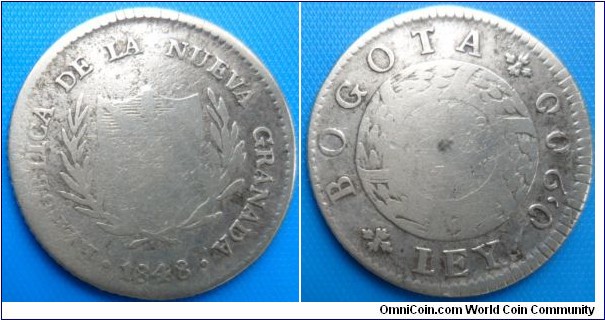 Colombia-2 Reales 1848 KM105-Silver 5.9G 0.900-144 Troy Oz ASW- Oberse:Shielded Arms with Wreath-Reverse:Denomination with wreathFor Sale-CAT 258 for sale