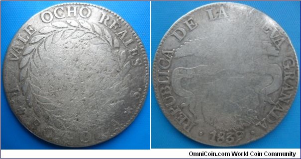Colombia 8 Reales 1839-R.S Bogota-Nueva Granada-Silver-w: 24 gr-Diameter;37mmm  FOR SALE CAT 252