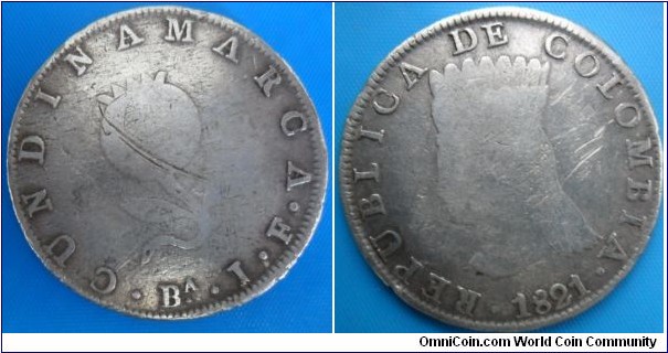 Colombia -8 Reales-Grancolombia-Republica de Colombia-Cundinamarca KM-C6-Ba J.F Silver Crowned Indian and Promegranate -Rare-For Sale-CAT 253 