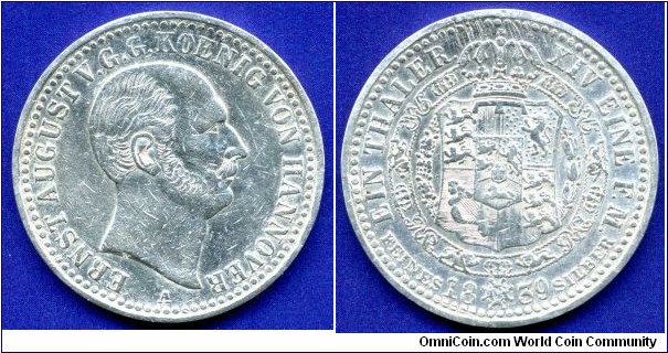 Thaler.
Kingdom of Hannover.
Ernst August (1837-1851).
Edge lettering: **NEC*ASPERA*TERRENT**.
*A* - Clausthal mint.


Ag993f. 16,82gr. 