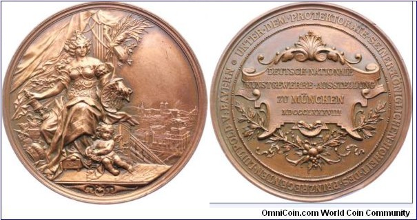1888 Bayern Munich Stadt  National Arts & Crafts Exhibition under the patronage of the Queen Augusta Medal by Lauer. Bronze: 85.5MM. Obv: Female person, symbolizing the arts & craft sit before the city with exhibition building. Rev: Front cartridge between laurel branches.
 
