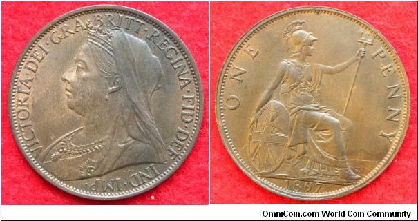 UK Penny. 1897 F148. Here Britannia's shield almost touches the border. (UK) Ex Fine.