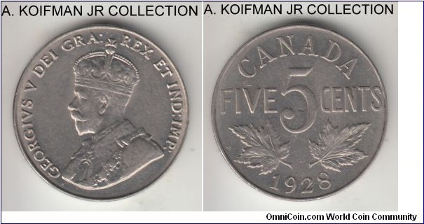 KM-29, 1928 Canada 5 cents; nickel, plain edge; George V, extra fine or about, good reverse luster.