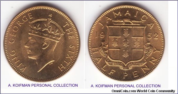 KM-34, 1952 Jamaica half penny; nickel-brass, plain edge; nice brilliant uncirculated specimen.