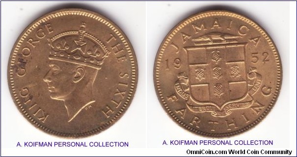 KM-33, 1952 Jamaica farthing; nickel-brass, plain edge; uncirculated, few spots on obverse, reverse is nice and brilliant.