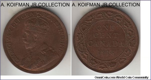 KM-21, 1918 Canada cent; bronze, plain edge; earlier George V, good extra fine to about uncirculated.