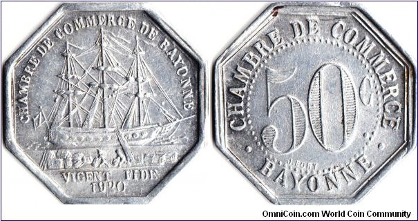 Bayonne 50c (aluminium) emergency coinage minted in 1920 and issued by Bayonne Chambre de Commerce for use in the Bayonne area to facilitate trade