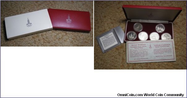 Russia 1980 Olympic ni-cupro coin set. Comes with box and certificate. Pretty hard to find these days. 