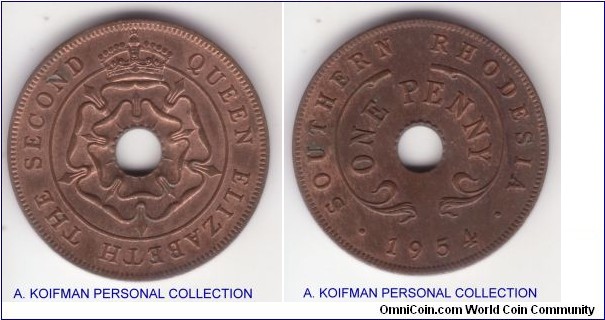 KM-29, 1954 Southern Rhodesia penny; bronze, plain edge; about uncirculated 90% red obverse and brown (reverse), quite good looking. Scarce in high grades despite nominally large mintage.
