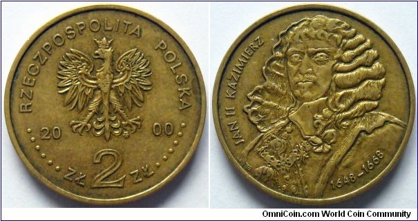 2 zlote.
2000, Jan II Kazimierz 1609-1672 (John II Casimir Vasa) King of Poland (1648-1668) and Grand Duke of Lithuania. Titular King of Sweden.