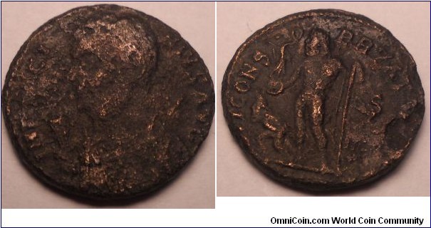  AE Follis of Licinius I, RIC VII Antioch 27, minted between 317-320 AD:

OBV: IMP LICINIVS AVG, laureate bust left in imperial mantle, holding globe & mappa
REV: IOVI CONSERVATORI AVGG, Jupiter standing left holding Victory & sceptre, captive at foot left, officina letter right (in this case 