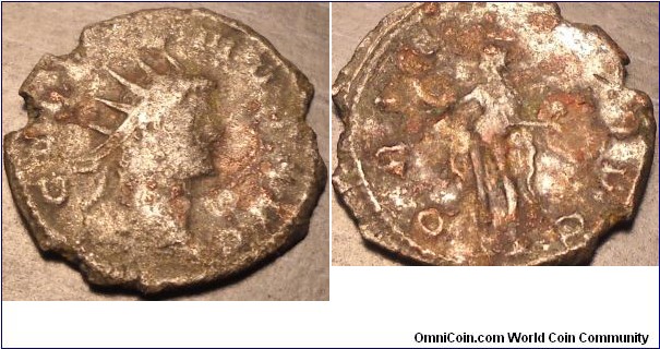 Antoninianus. Milan. 258-259 AD 

OBV. 'G...NVS AVG' 

The reverse is Sol (ORIENS AVG) holding a globe.

RIC V-1 (S), Milan 495
