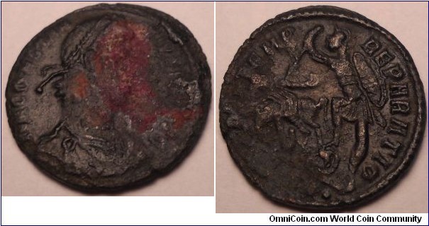 Constantius II AE3. 351-355 AD. D N CONSTANTIVS P F AVG, diademed, draped, cuirassed bust right / FEL TEMP REPARATIO, soldier advancing left, spearing fallen horseman (reaching type), ASIRM dot in ex