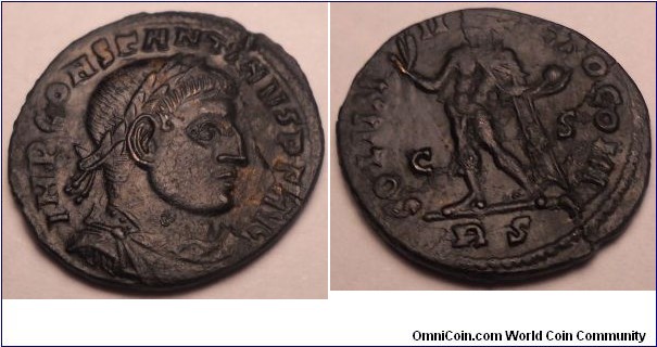 Constantine I
IMP CONSTANTINVS PF AVG - Right facing, laureate, draped, cuirassed, from front.
SOLI IN-V-ICTO COMITI - Sol standing left, facing left, chlamys across left shoulder, holding globus in left hand.
C S / RS Rome - Workshop 2, minted 315-316, Rarity C3.
RIC VII Rome 40