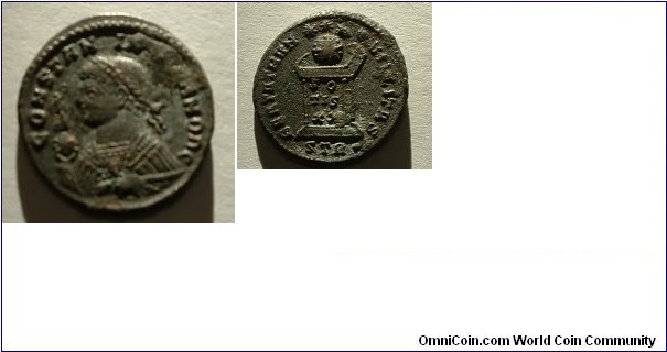 Constantine the Great 307 - 337 CE Æ 3, 2.76 gm
Obv: CONSTANTINVS AVG bust left, cuirassed
Rev: Globe on altar VOT IS XX.