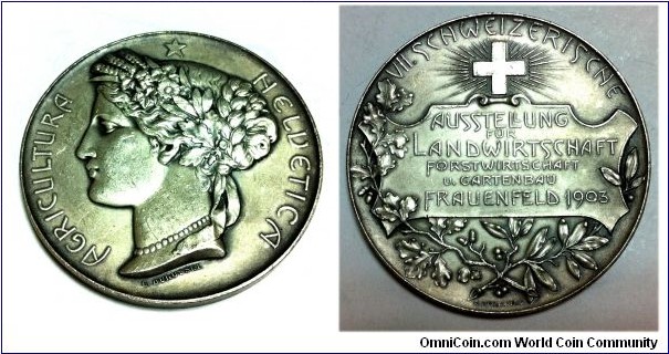 Swiss Fraunefeld Agricultura Heldetica Medal by Durussel. Silver 50MM/52.4 gm.
Obv: Ceres Goddess of Agriculture. Rev: The Shield & Laural.

