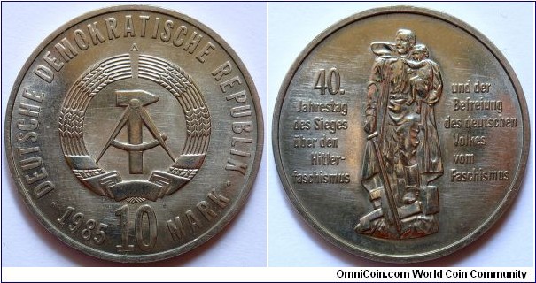 10 mark.
1985, 40th Anniversary of Victory over fascism and liberation of the German people.
German Democratic 
Republic (East Germany) 