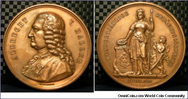 Swiss Hundertjahrige Gedachtnissfeier Albreght V. Haller Medal by Durussel. Bronze 51MM
