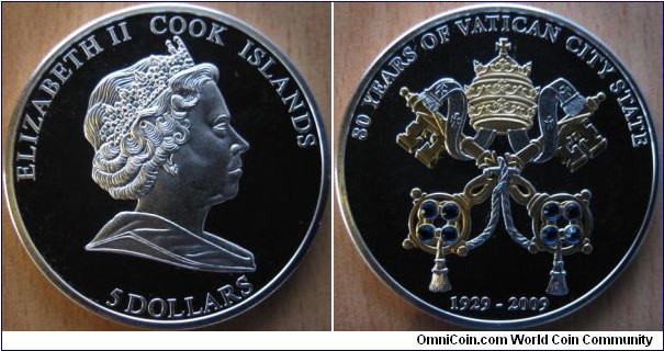 5 Dollars - 80 years of Vatican state - 25 g Ag .999 Proof (partially gold plated with 8 Swarovski crystals) - mintage 5,000