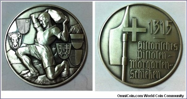 1900 o.j. (1960) Swiss Morgarten Pistolenschiessen Medal. Silver palted Bronze 50MM
