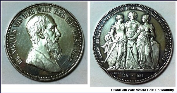 Swiss Solothurn und Freiburg Medal in German Text. Silver 48MM
