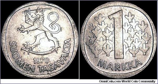 Finland - 1 Markka - 1970 - Weight 6,1 gr - Copper/Nickel - Size 24 mm - Alignment Medal (0°) - President / Urho Kekkonen (1956-82) - Edge Lettering : SUOMI FINLAND - Mintage 12 255 000 - Reference KM# 49a (1969-93) 