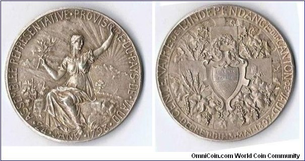 Swiss Vaud Centenary of The Independence of The Canton of Vaud Medal. Silver 37MM / 24gm
