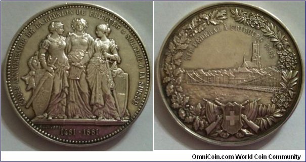 Swiss Fribourg Tir Federal 400 Years of Union Freiburg & Solothurn Medal by E. Durussel. Silver: 47MM.
