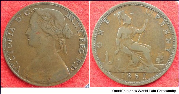 UK Penny. 1861. F022; Gouby 1861G-Gd (Central fishtail). about VG. The obv signature is not clear but there are sufficient other obv 4 features to confirm the obv die. Ex. Workman 2010. 