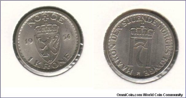 1 Krone
1954
7,00 g
Mintage:3.045000