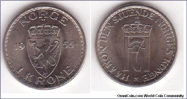 1 Krone
1955
7,00 g
Mintage:1.970.000