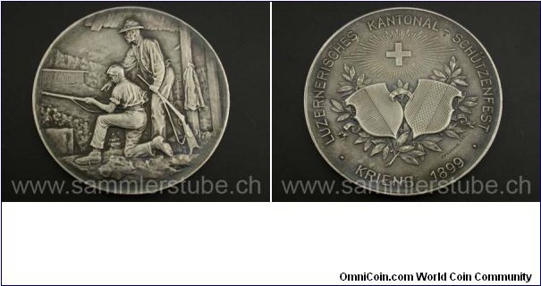 Swiss 
Kriens Kantonal Schuetzenfest Medal by Hugunin. Silver: 38MM.  
