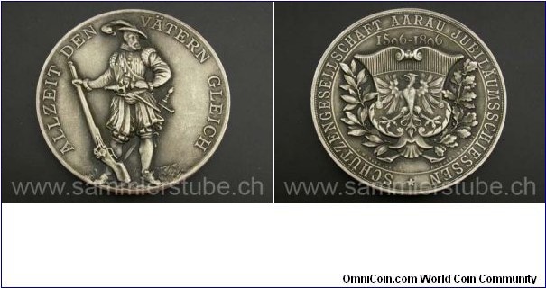 Swiss Aarau Jubilaeumsschiessen Medal by R. Munger/Franz Homberg. Silver: 38MM.
