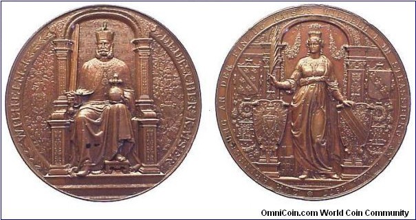 German Brandenburg-Prussia Medal by Schwenzer. Bronze 59.5MM
Obv: William I with the orb and sword on reichverziertem throne. Rev: City goddess with palm branch between shields of Alsace, Lorraine, Prussia and Strasbourg.
