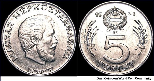 Hungary - 5 Forint - 1971 - Weight 5,73 gr - Nickel - Size 24,3 mm - Thickness 1,7 mm - Alignment Medal (0°) - Mint mark BP = Budapest - Edge : Milled - Mintage 20 004 000 - Reference KM# 594 (1971-82)