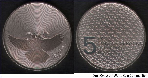 Swiss 5 Franken Confoederatio Helvetica Olympic Medal. 30MM
