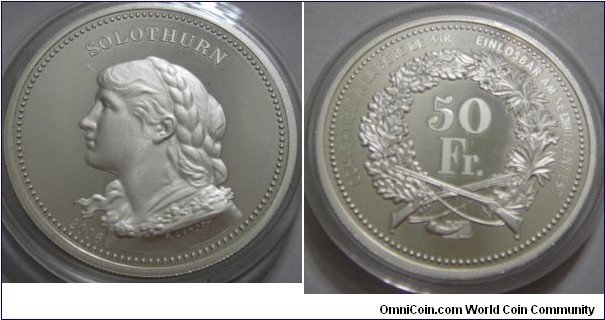 Swiss 50 Francs Solothurn Shooting Thaler. Silver/Proof