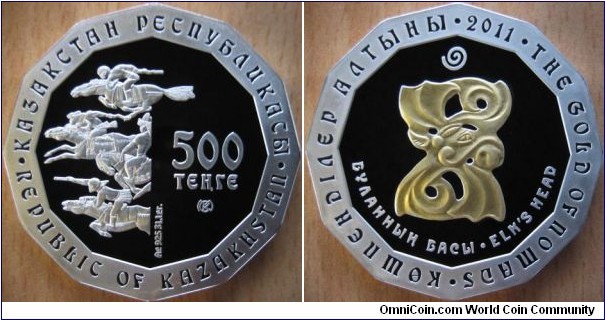 500 Tenge - Elk's head - 31.1 g Ag .925 Proof (partially gold plated) - mintage 5,000