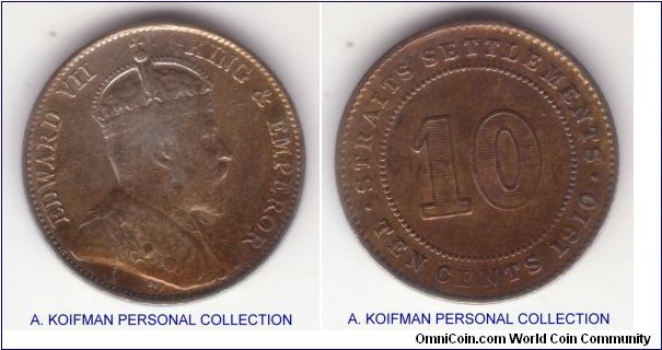 KM-21a, 1910 Straits Settlements 10 cents, Bombay mint, Edward VII; silver, reeded edge; good fine